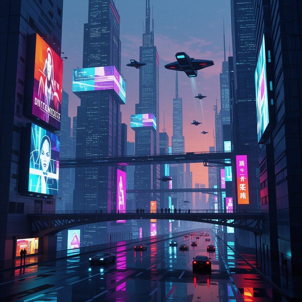 Cyberpunk Cityscape at Dusk with Flying Vehicles