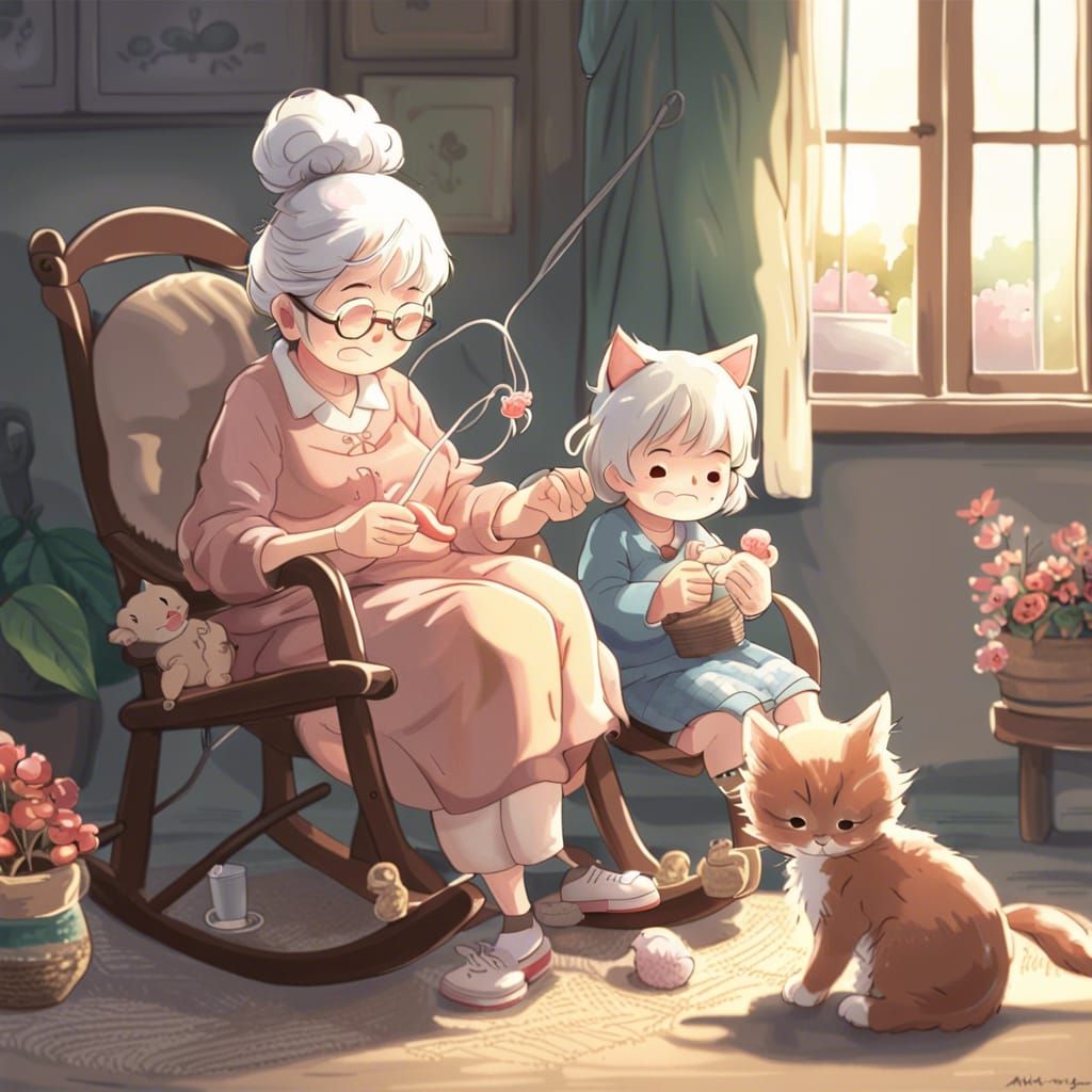Grandma Knitting with Granddaughter: Anime Style