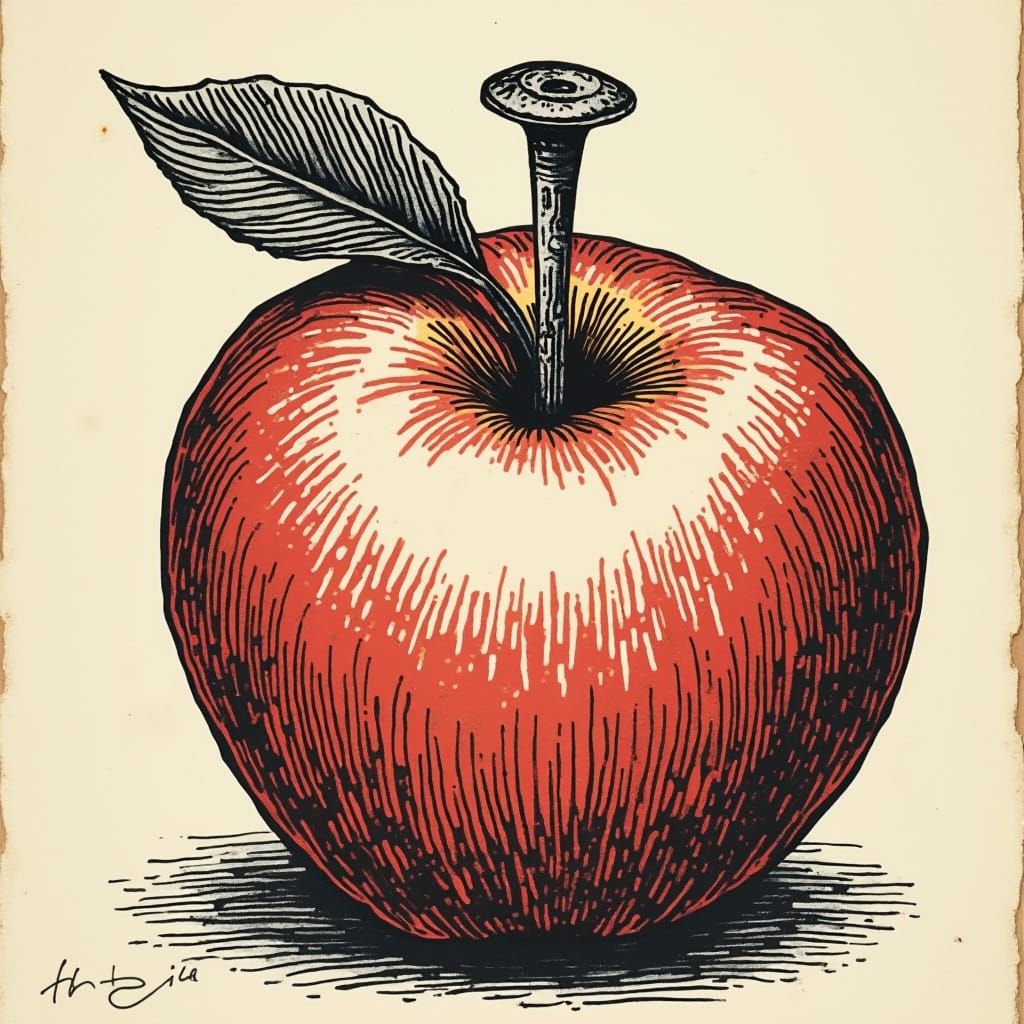 Carpenter's Nail Pierces a Juicy Apple in Woodcut Style
