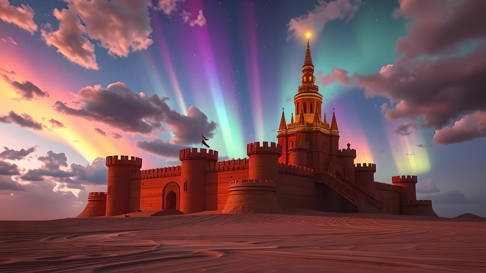 Fantasy Sand Castle on a Beach at Night