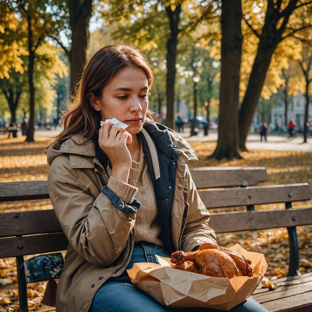 Serene Portrait: Woman Enjoys Chicken in Park