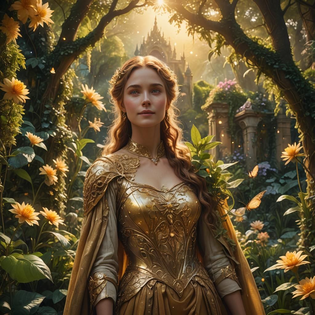 Celestial Woman in Lush Garden: Fantasy Concept Art