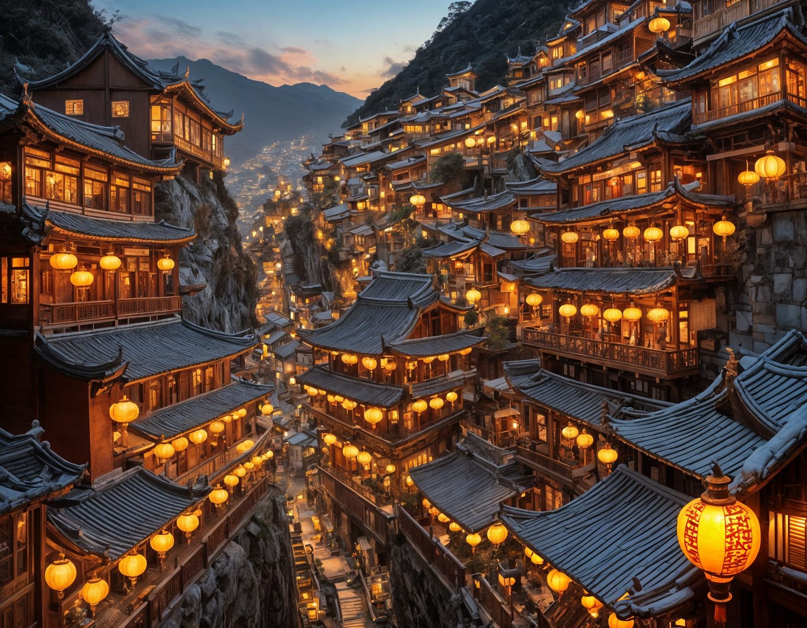 Elegant Old Town of Jiufen, Taiwan, in Vibrant Gouache