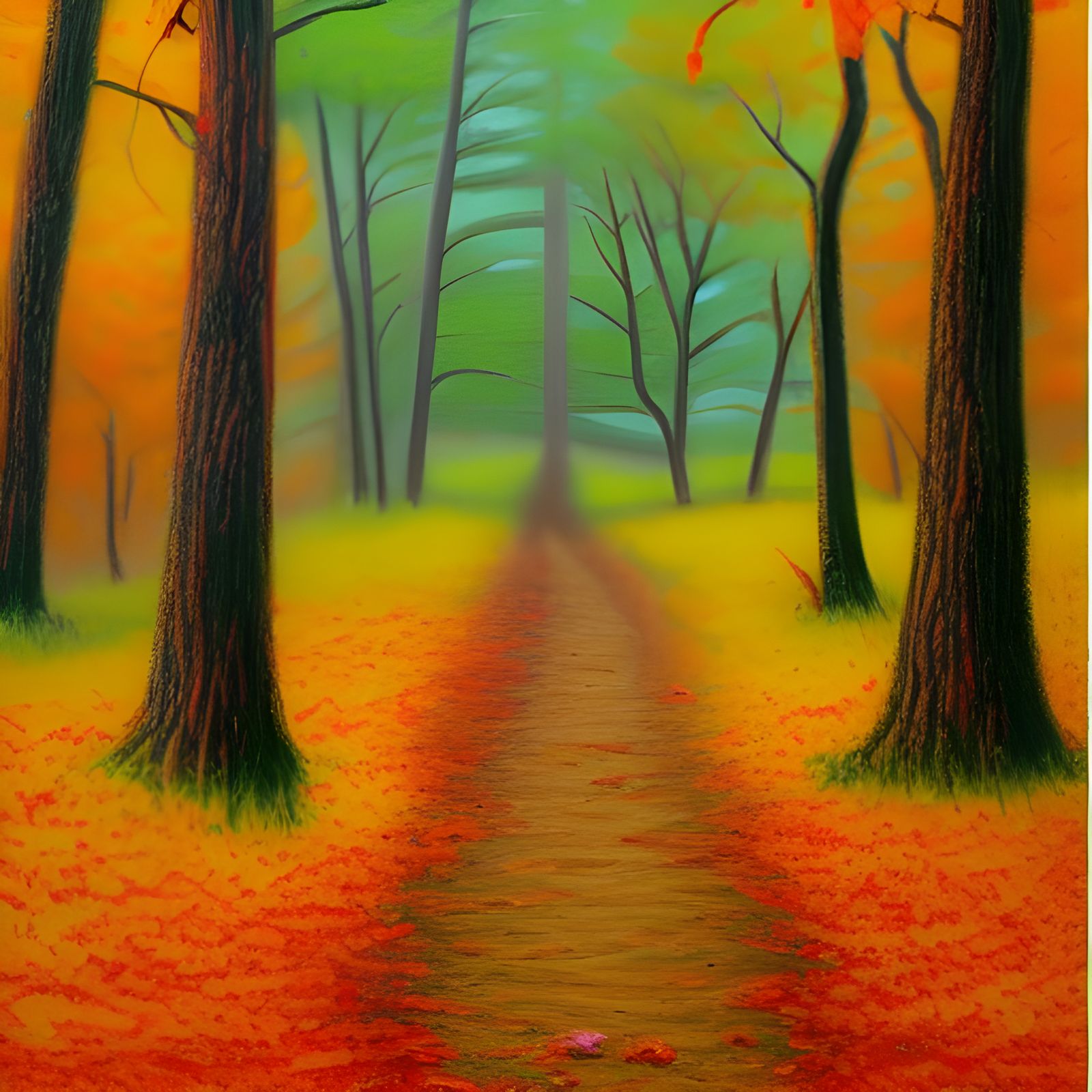 Autumn Forest Path in Oil Pastel Style
