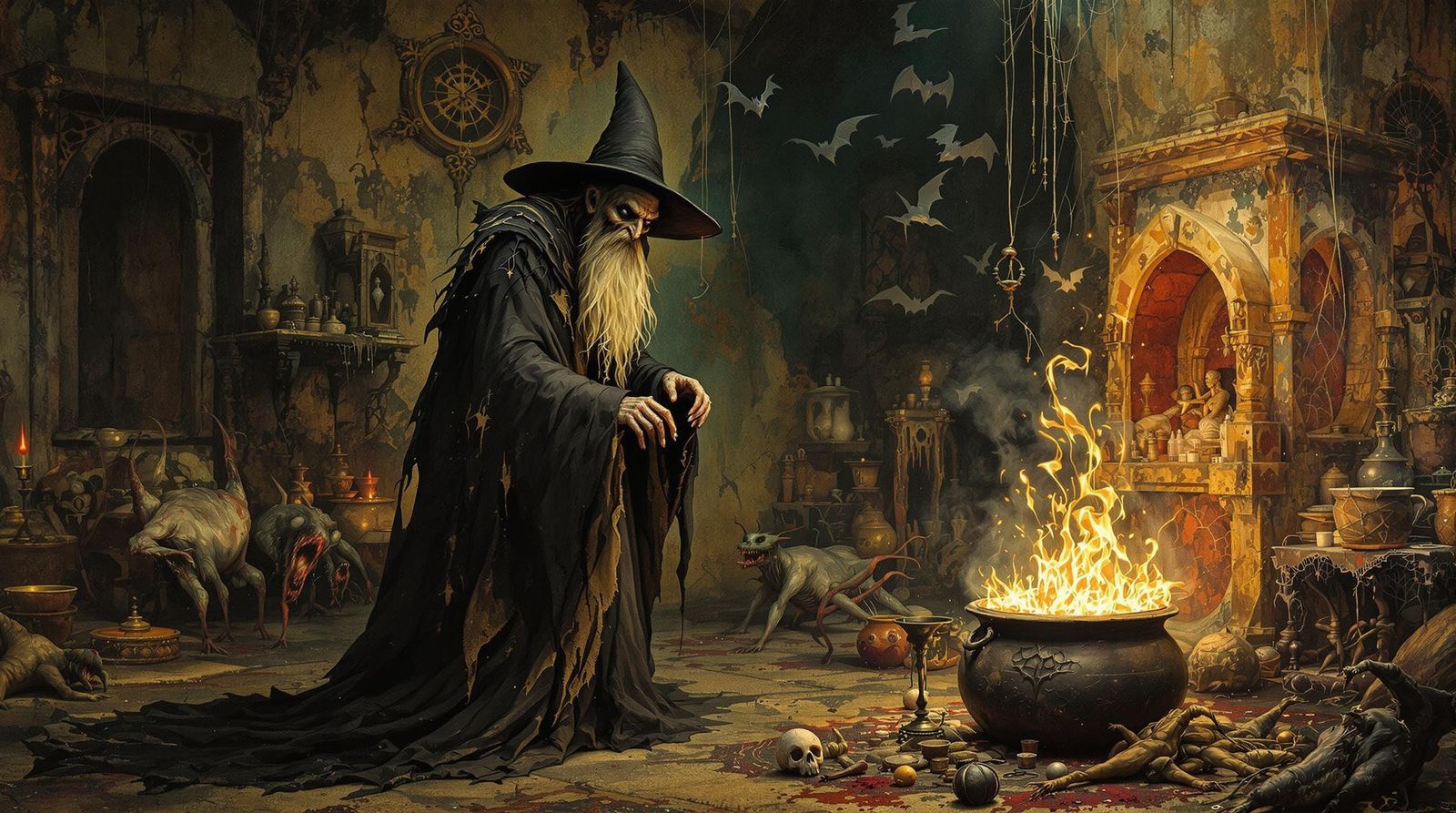 Ancient Witch Brews Potion in Baroque Chamber