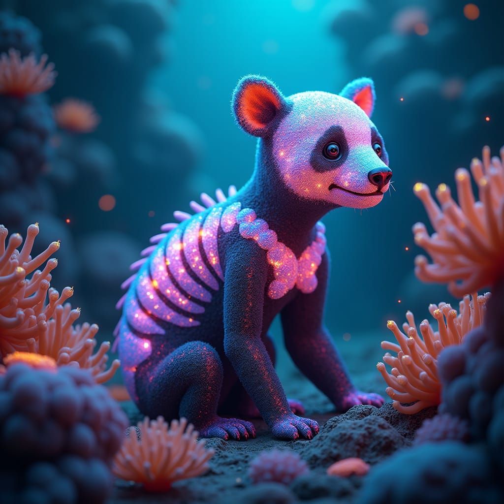 Bioluminescent Panda Skeleton Fish in Matte Painting Style