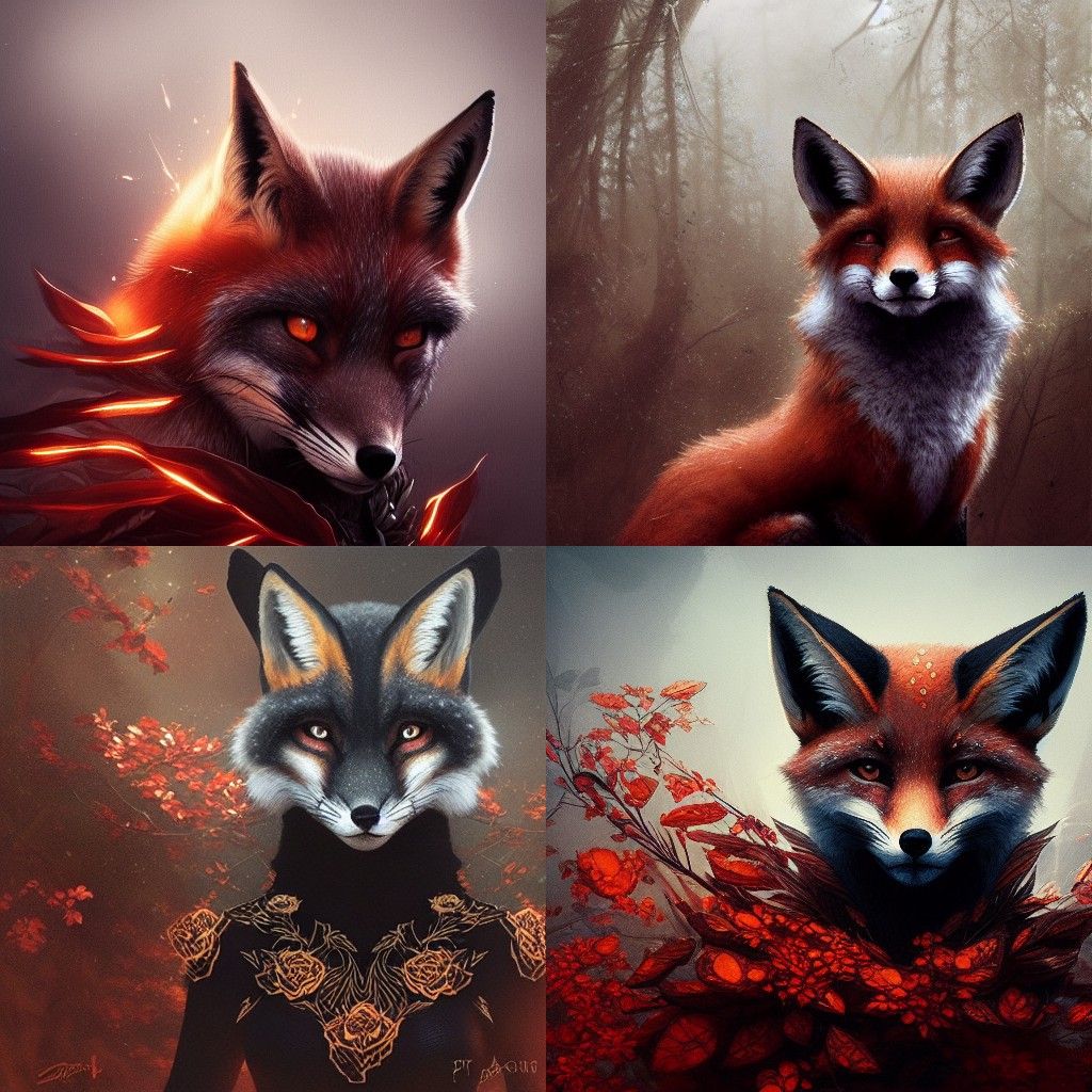 Fox Face with Black Roses, Hyper-Realistic Photograph