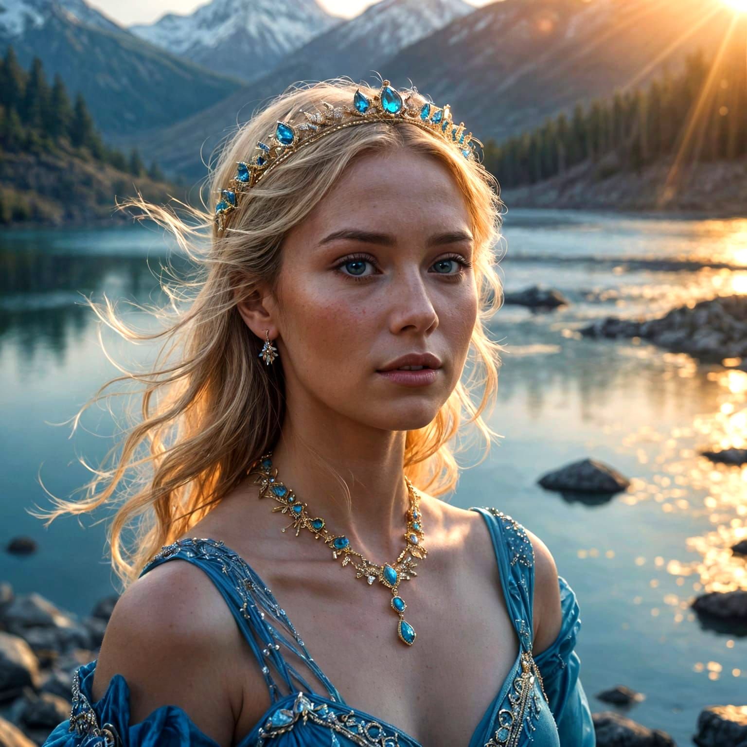 Beautiful blonde Ice princess in a stunning blue dress surro...