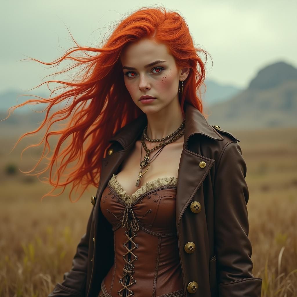 Red-Haired Girl in Dreamy Fantasy Landscape