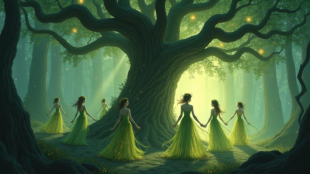 Ethereal Dryads Dance Around Ancient Tree