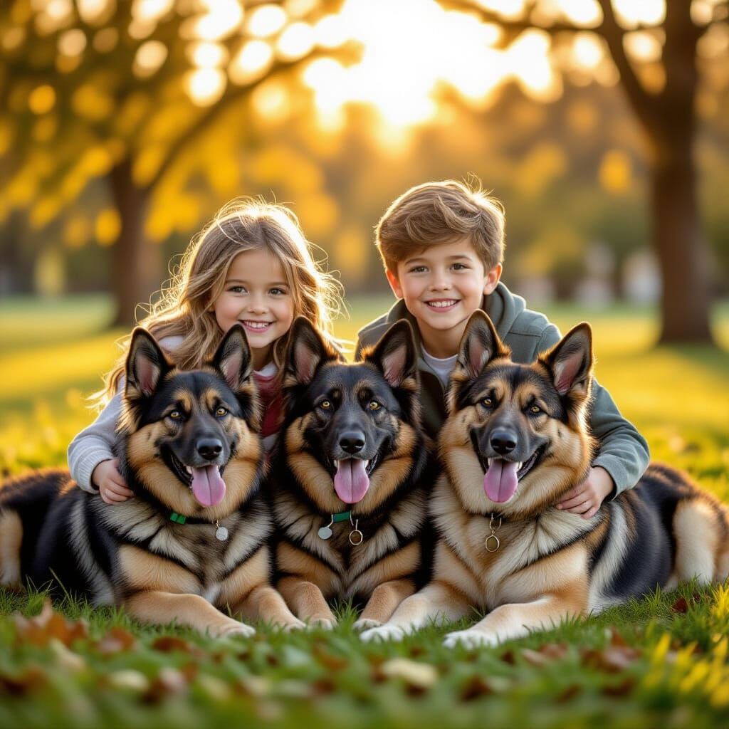 Kids Playing with German Shepherds in Sun-Dappled Park