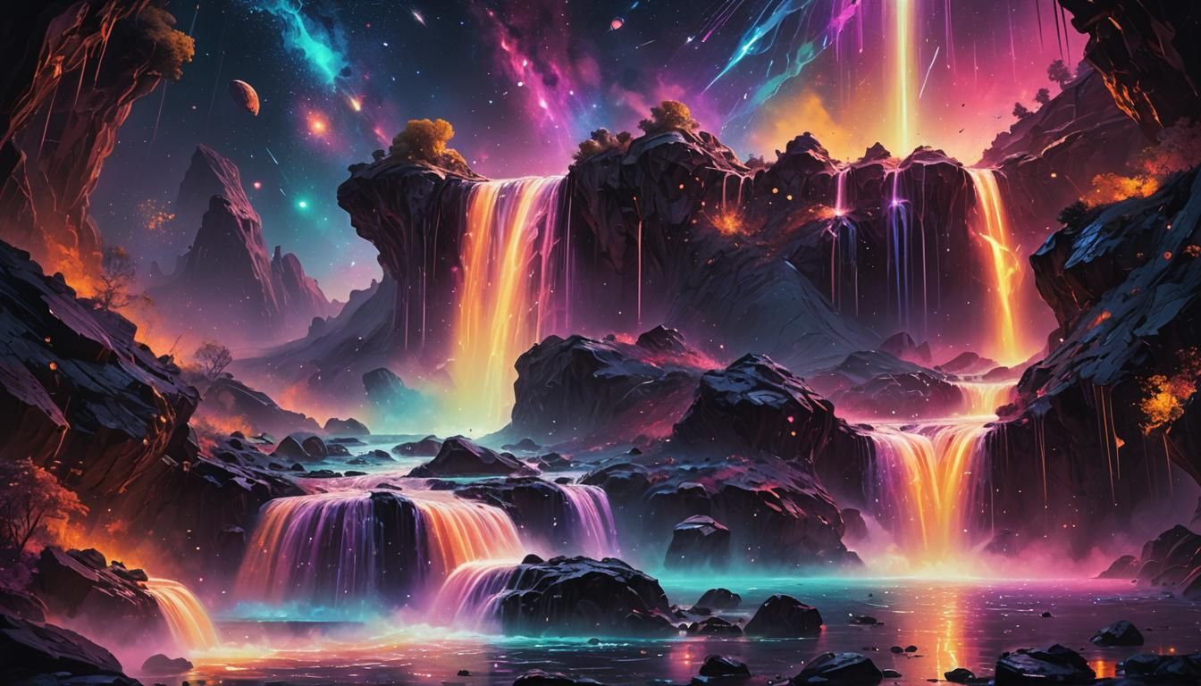 Neon Waterfalls Cascade from Asteroids in Space
