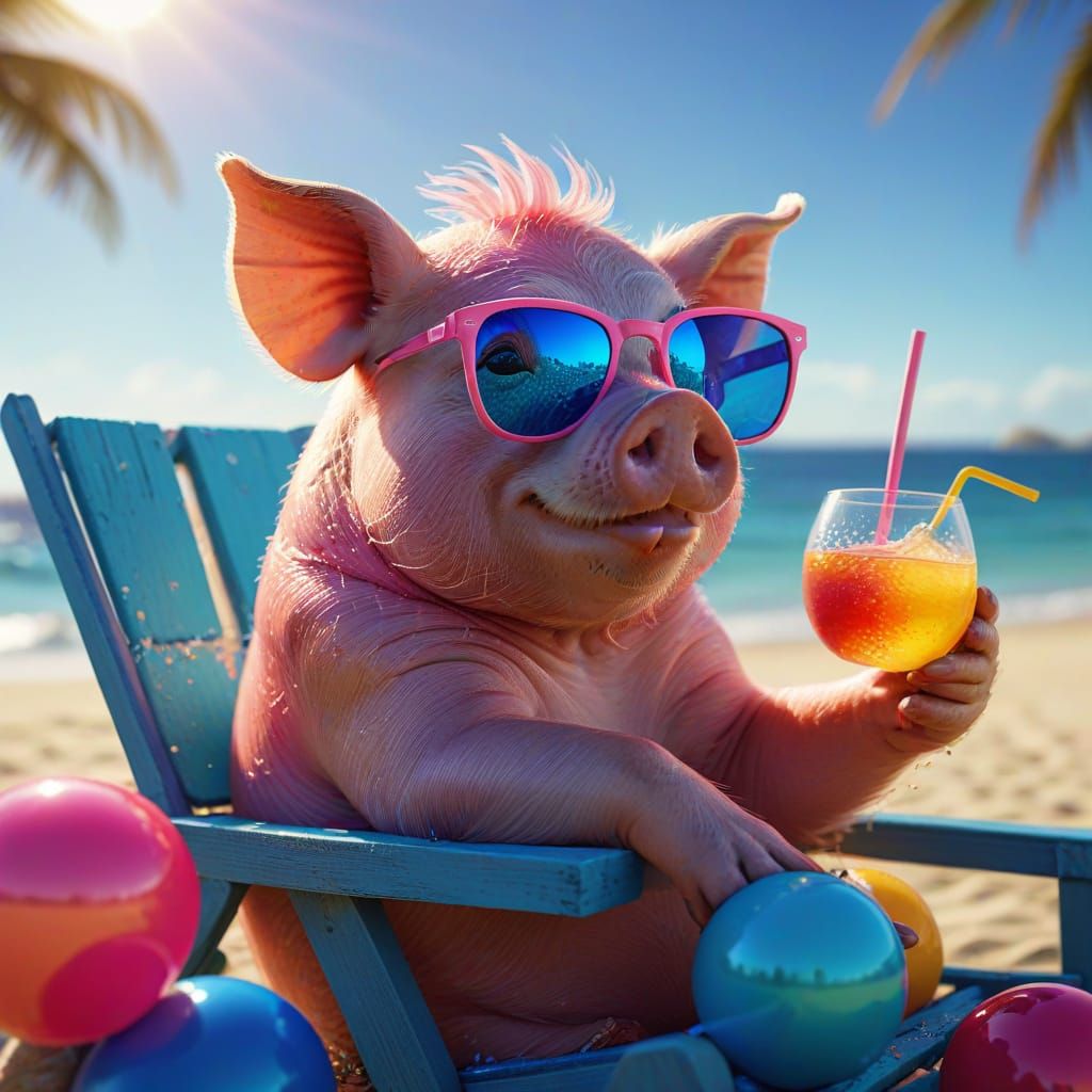 Pink Pig on Beach in Pixar Style