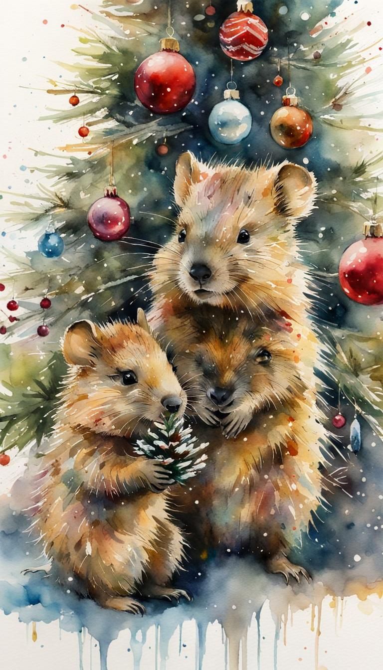 Quokka Family Christmas Celebration in Watercolor