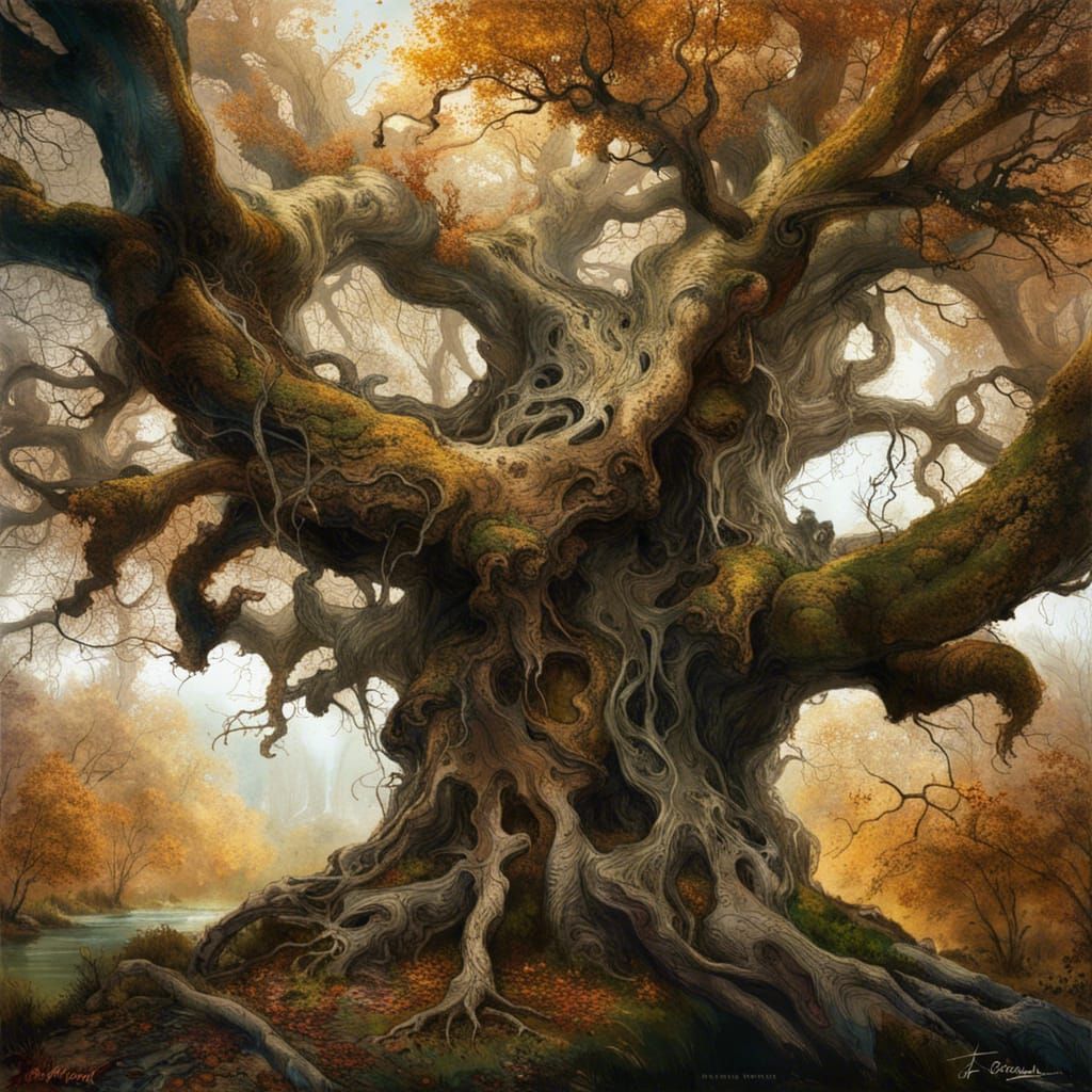 Hyperrealistic Ancient Oak Tree Overlooking River
