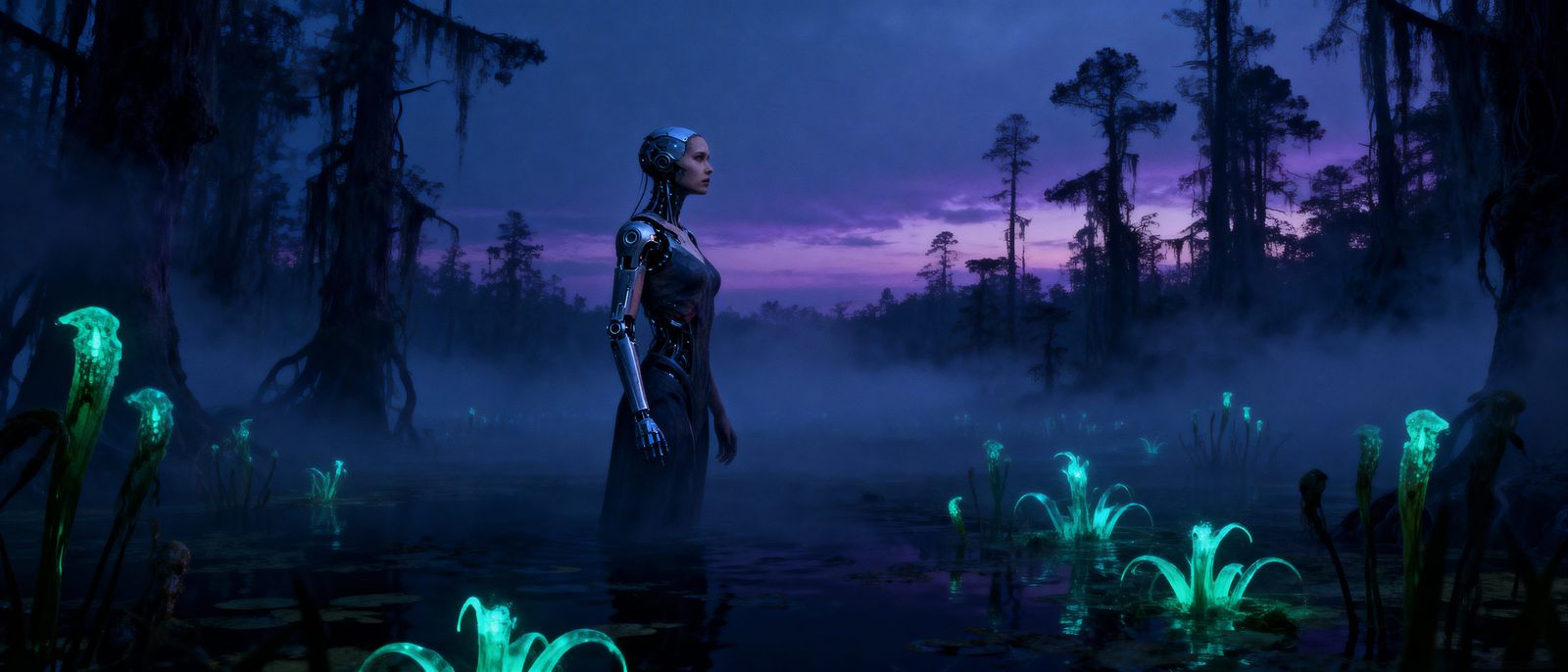 Half-Cyborg Woman in Ethereal Swamp at Dusk