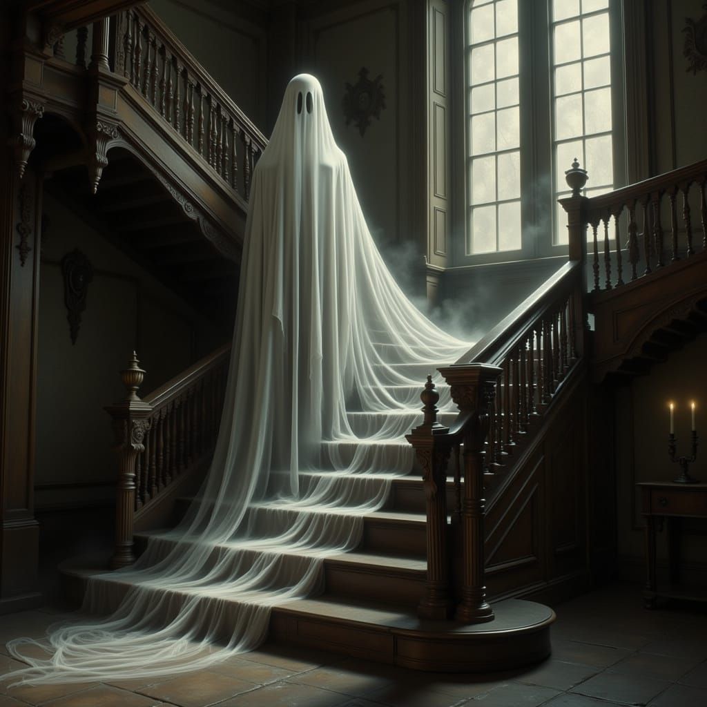 Ethereal Ghost Descends Decaying Staircase: Oil Painting