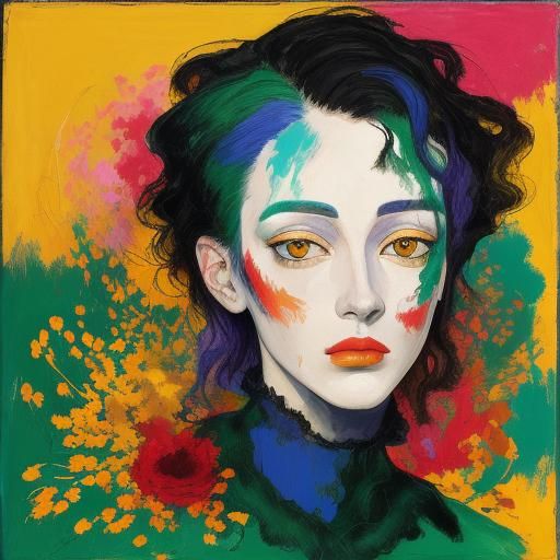 Fauvist Woman with Feathers in Abstract Garden