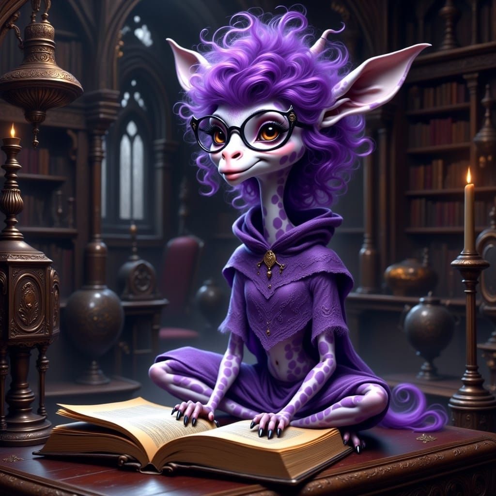 Majestic Purple Giraffe in Mystical Library