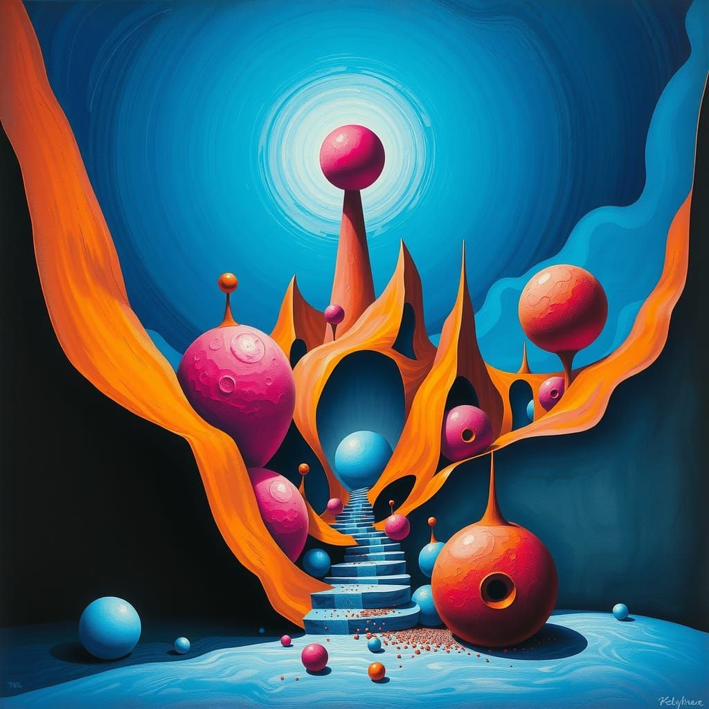 Dreamlike Precisionist Scene in Vibrant Ultramarine and Sien...