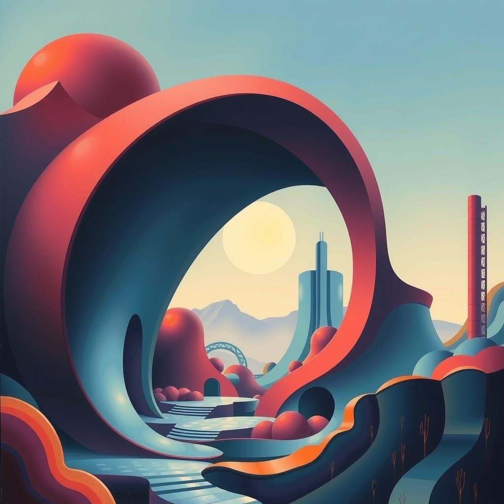 Surreal Industrial Dreamscape in Gouache