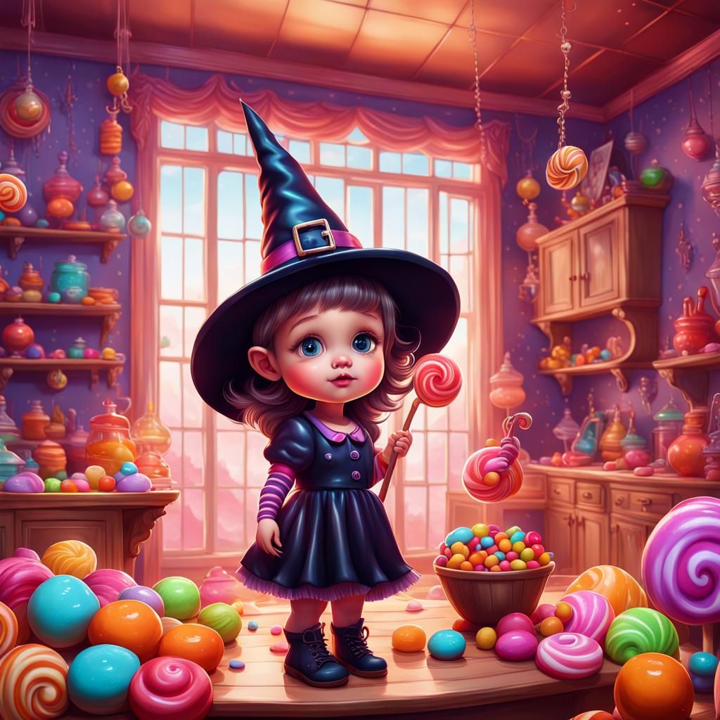 Baby Witch in Magical Home: Candy Art Illustration