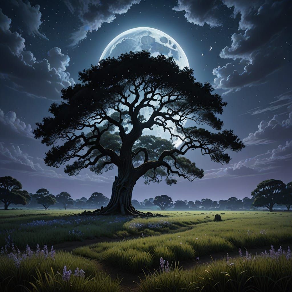 Moonlit Oak Tree Silhouette in Serene Field