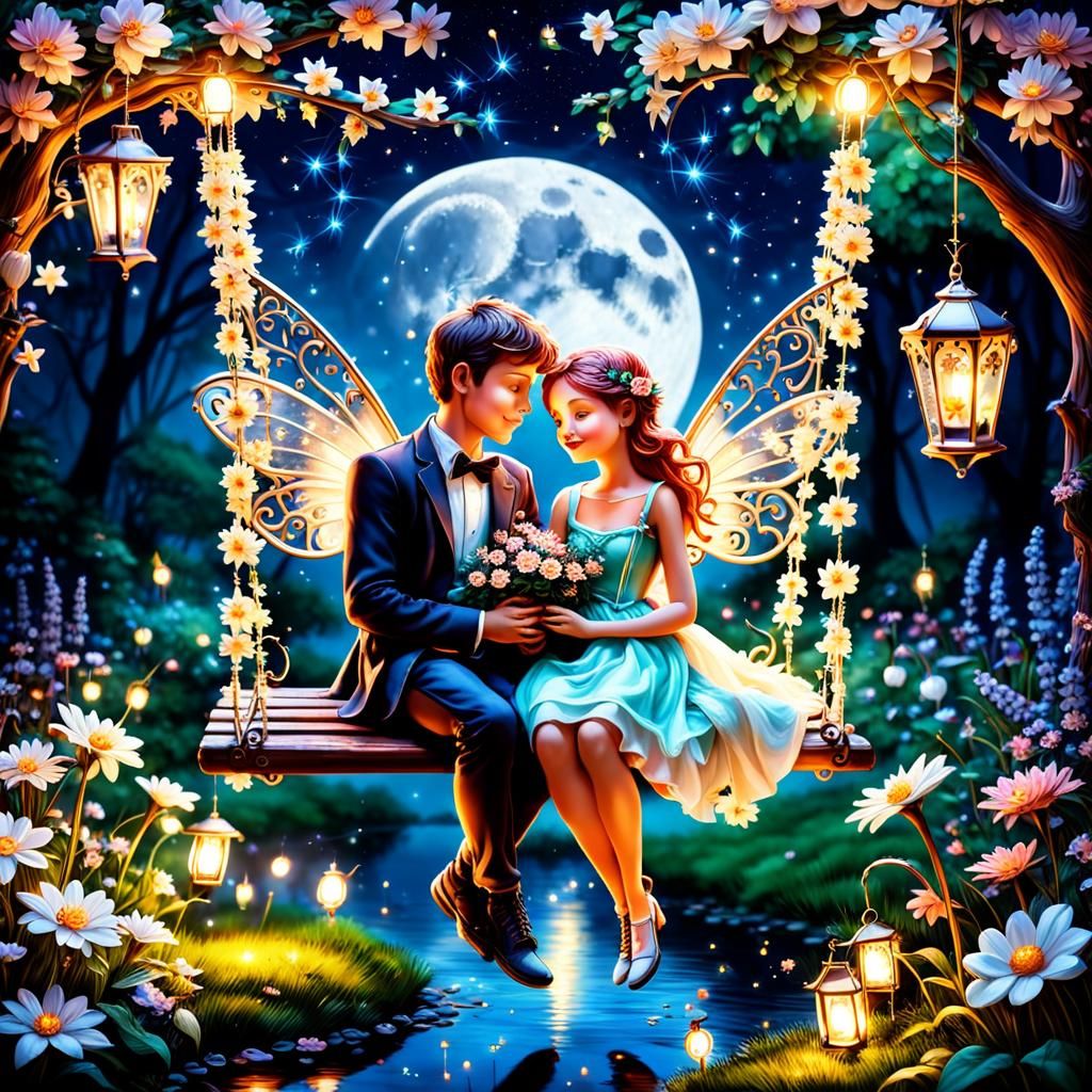 Romantic Fairy Couple in Enchanted Night Garden