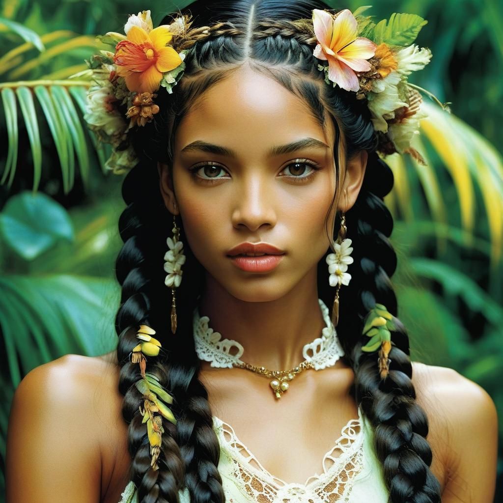 Botticelli-esque Caribbean Woman in Jungle, Anime Style