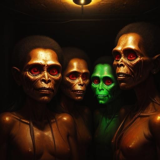 Glowing Hominids in Basement: Sinister Oil Painting