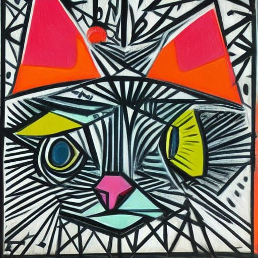 cat, abstract painting, geometric pattern, cubist body, asym...