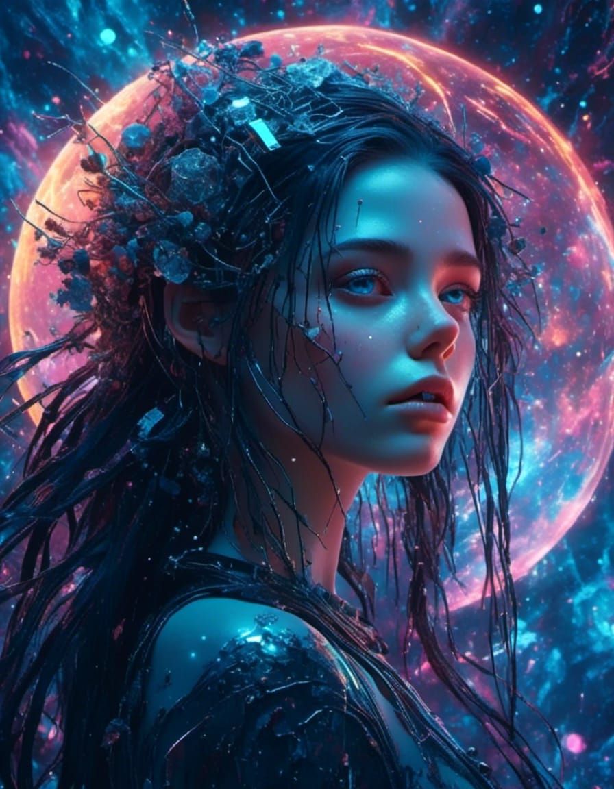 Cosmic Cyberpunk Artist Girl with Blue Eyes