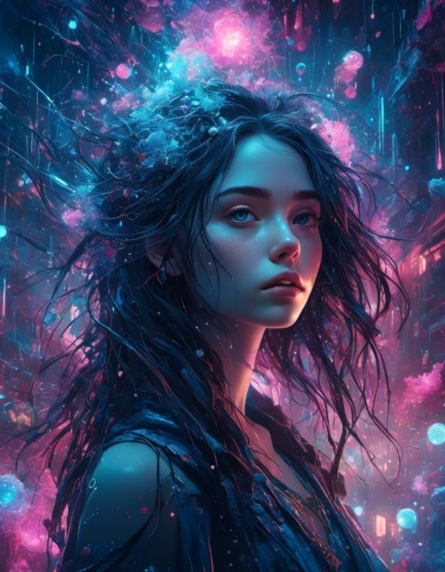 Cosmic Cyberpunk Artist Girl with Blue Eyes