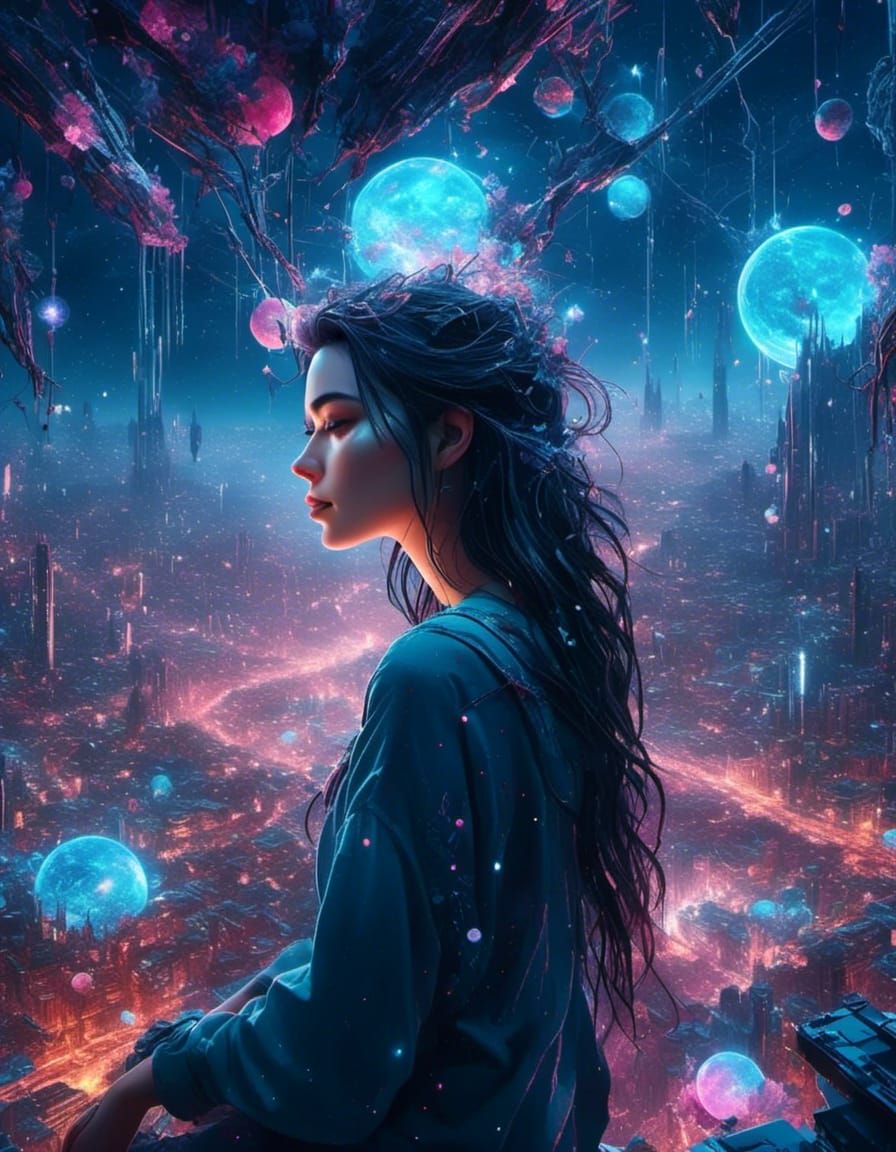 Cosmic Cyberpunk Artist Girl with Blue Eyes