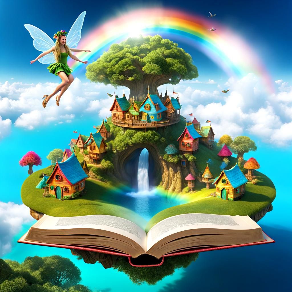 flying Fairy in a Fairy Village made of (tree houses 1.8) in a fairytale book, Big arching Rainbow above fairy village i...