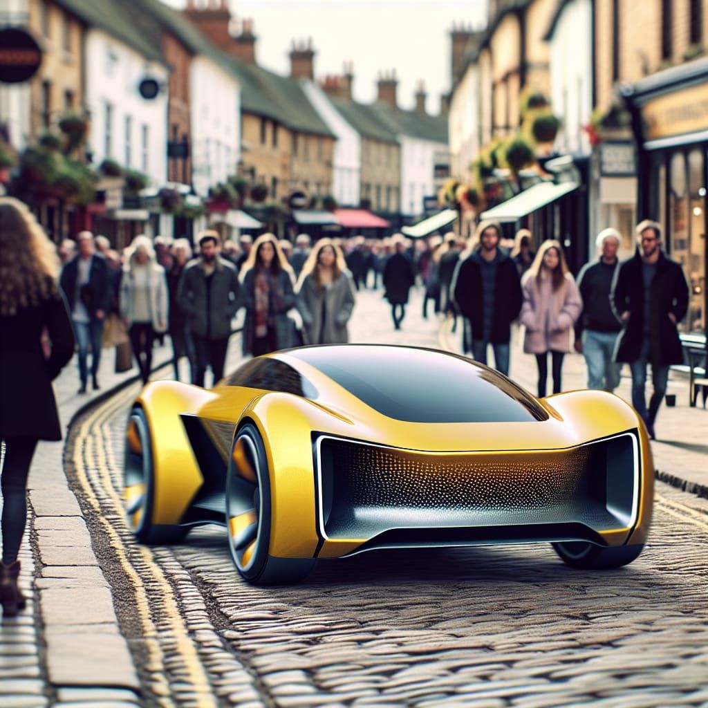 Futuristic Car on Cobbled Street with Bokeh
