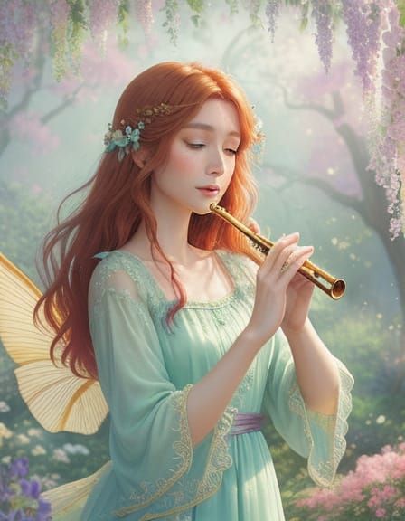 Enchanting Fairy Plays Flute Under Whimsical Floral Canopy