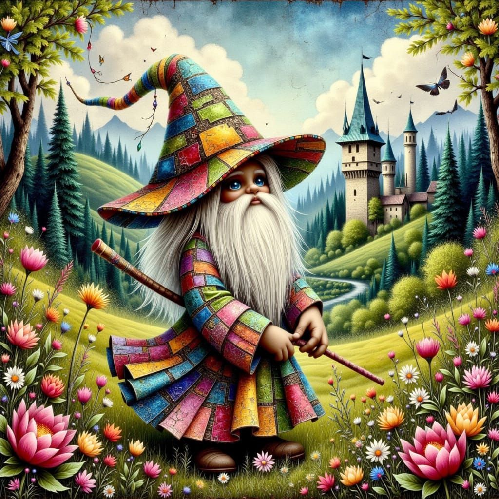 a impasto painting of a gnome with a patchwork  hat and clot...