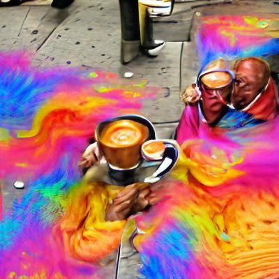 Colorful New York Coffee Scene with Elderly Couple