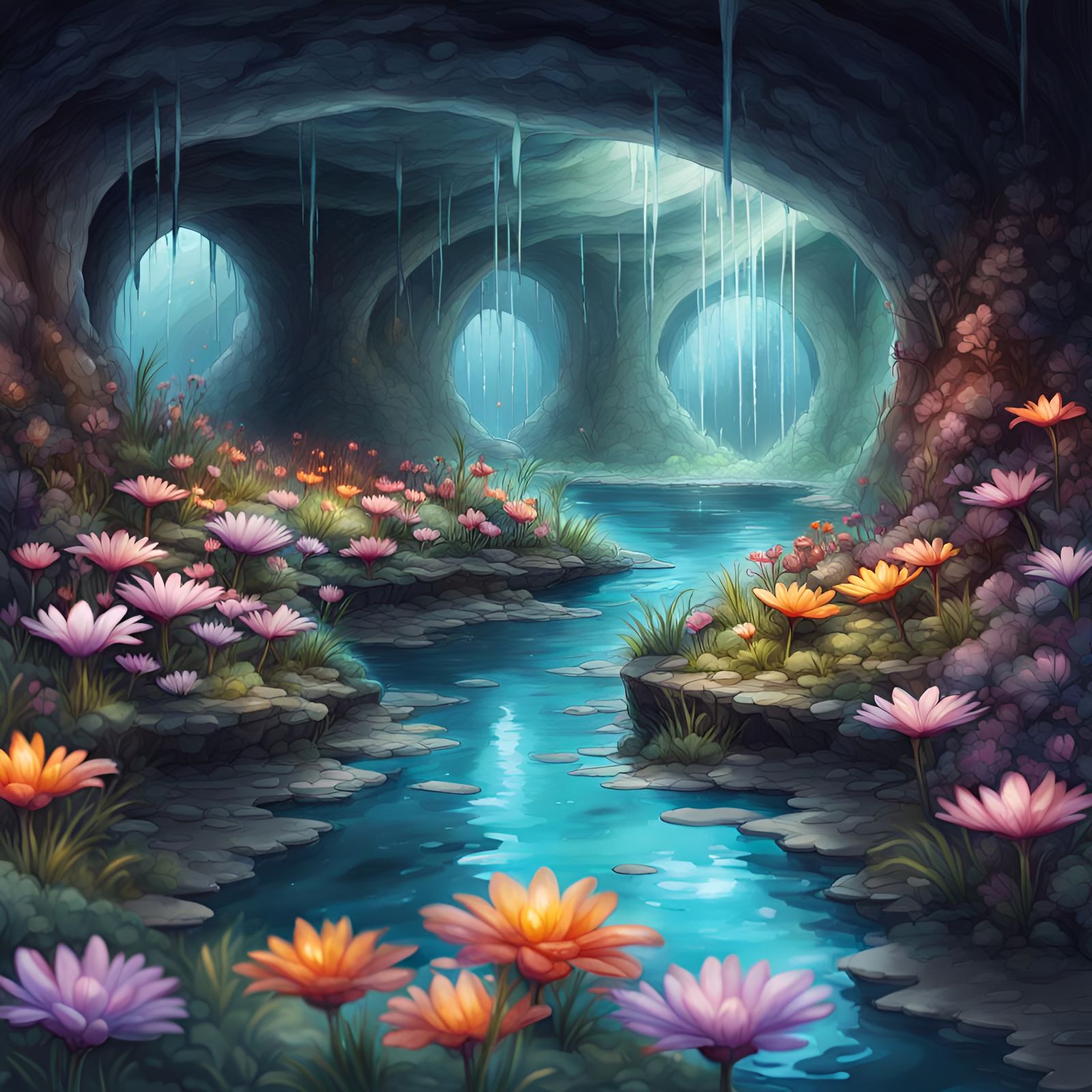 Magical Underground River with Glowing Flowers