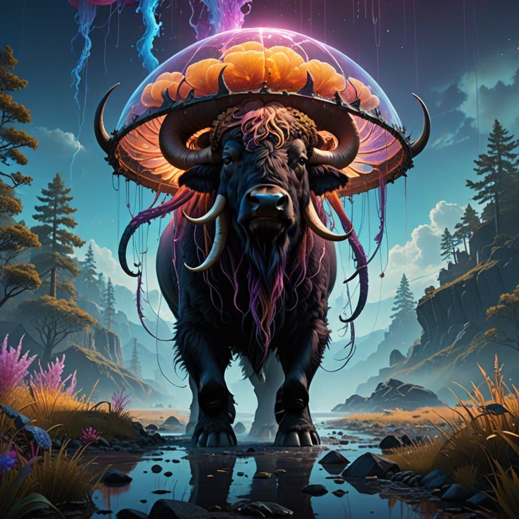 Mystical Bison-Jellyfish in Dreamlike Landscape