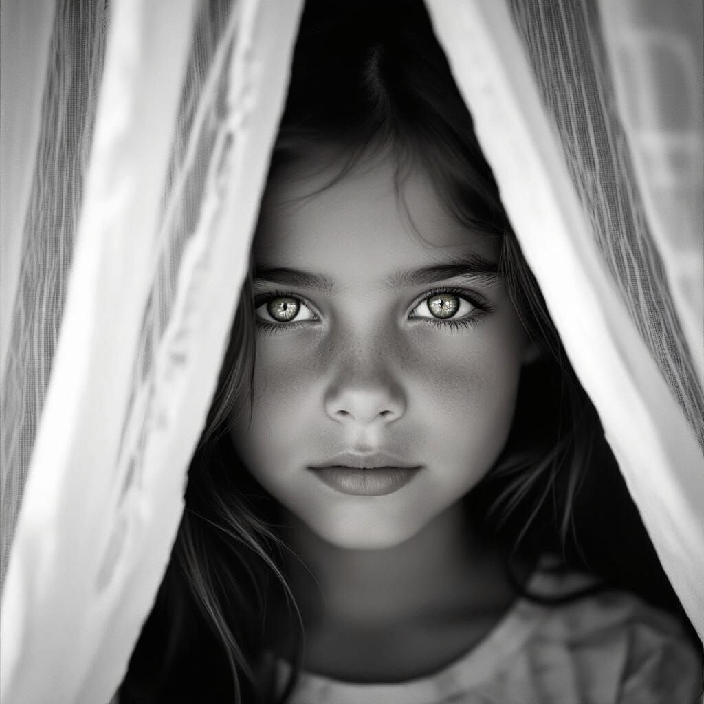 Ethereal Girl Behind Curtain: Black and White Portrait