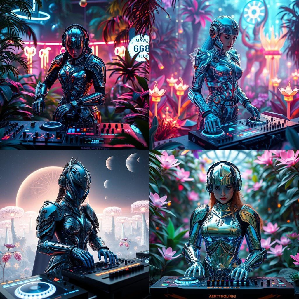 Glowing Cyberpunk DJ in Futuristic Armor