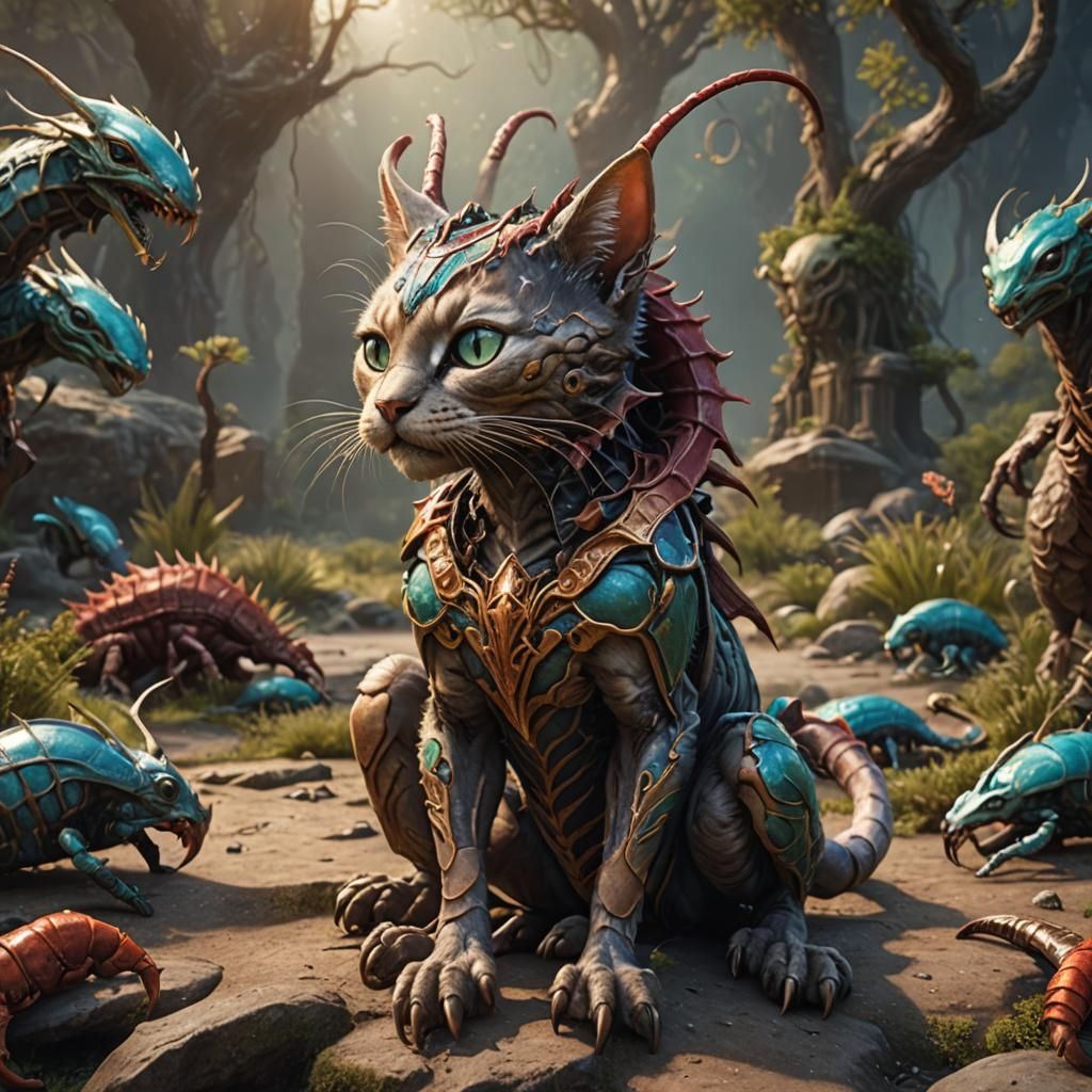 Elven Alien Cat Scorpion Hybrid in Detailed Matte Painting