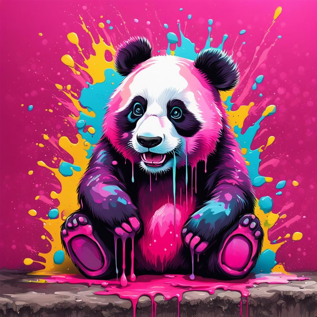 Crying Pink Panda Cub in Graffiti Art