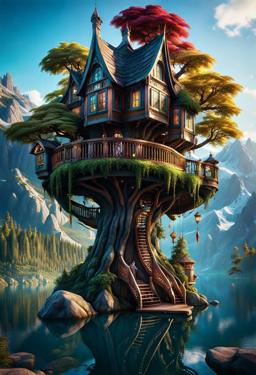 Ornate Multicolored Treehouse on Mountain Lake