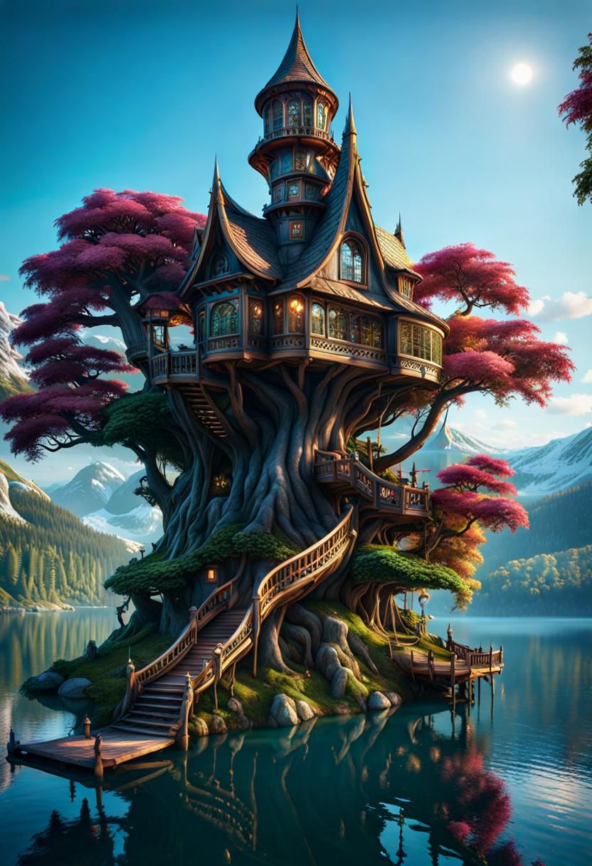 Ornate Multicolored Treehouse on Mountain Lake, Detailed Fan...