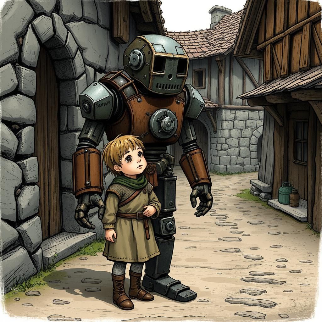 Medieval Robot Guardian Protecting a Child in Village