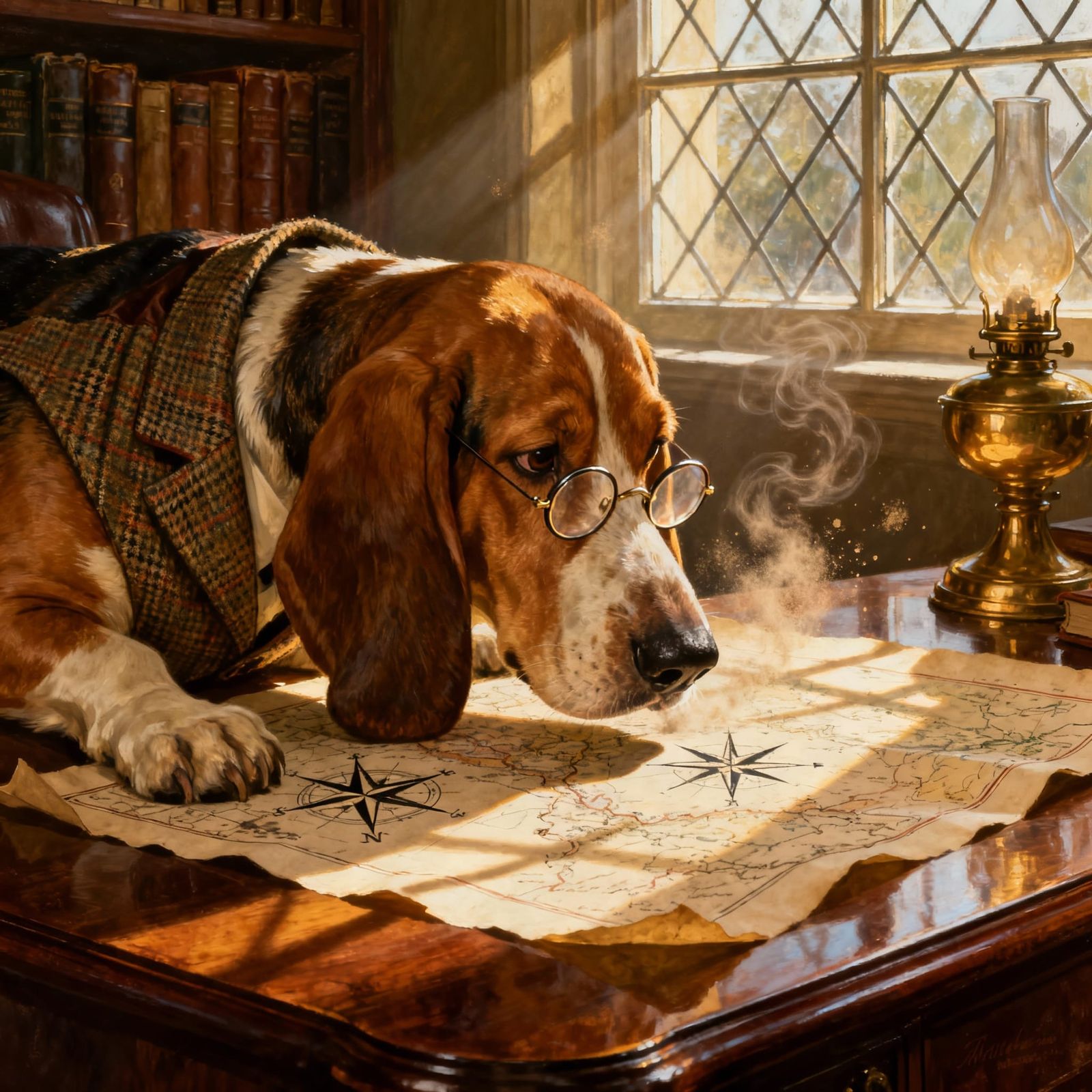 Basset Hound Detective Studies Map in Dimly Lit Study