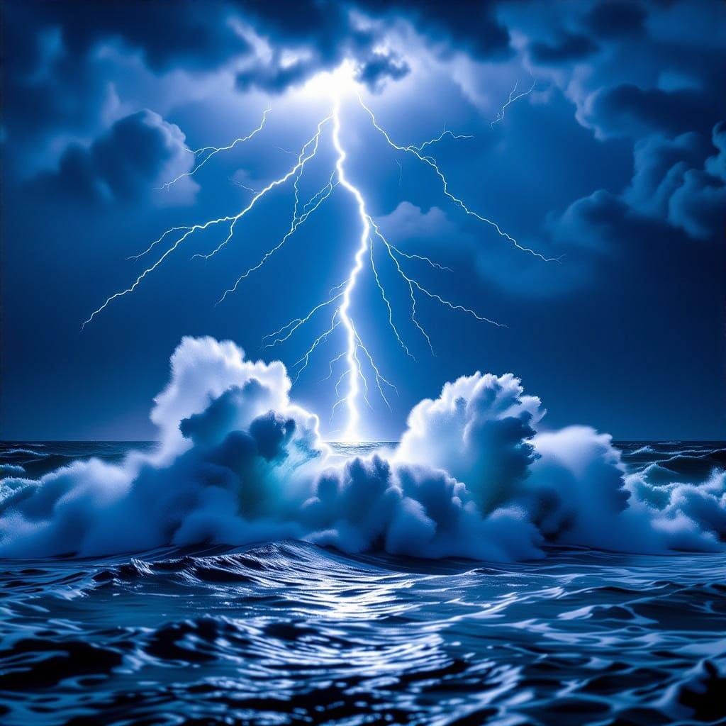 Violent Lightning Strikes Raging Sea in Dramatic Storm